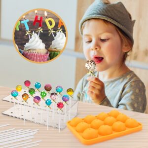 Silicone Cake Pop Mold Set, 12 Cavity Lollipop Maker Kit, 100pcs Cake Pop Stick,15-Hole Acrylic Lollipop Holder for Baking Lollipop, Hard Candy, Cake and Chocolate (Orange)