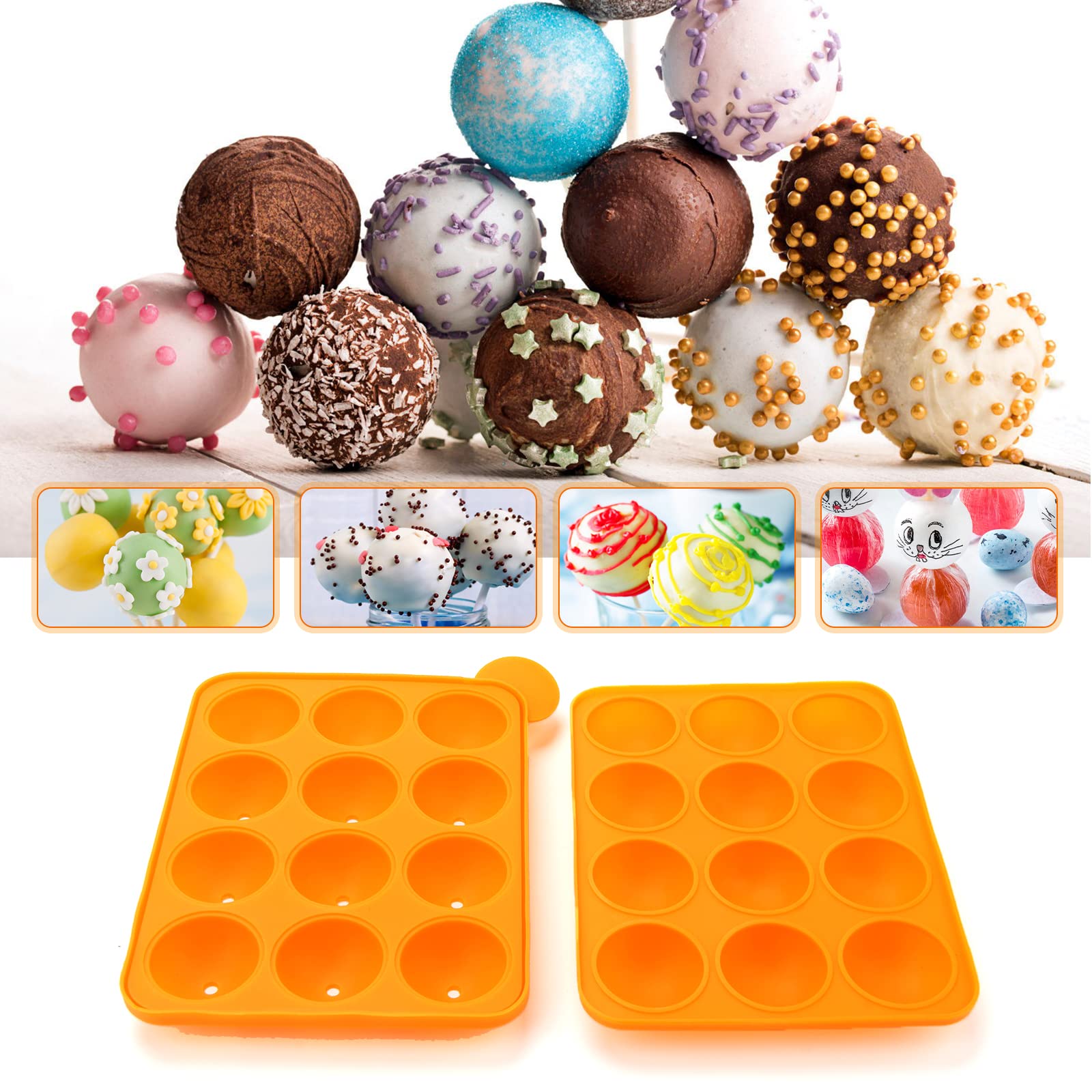 Silicone Cake Pop Mold Set, 12 Cavity Lollipop Maker Kit, 100pcs Cake Pop Stick,15-Hole Acrylic Lollipop Holder for Baking Lollipop, Hard Candy, Cake and Chocolate (Orange)