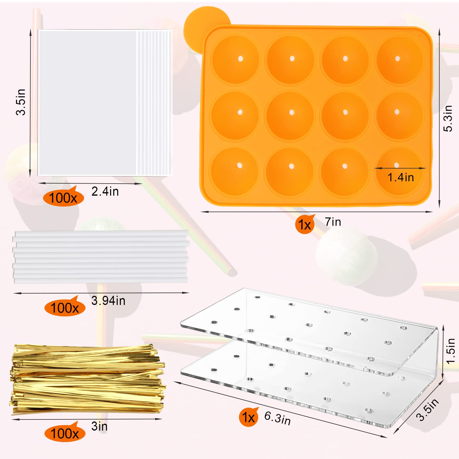 Silicone Cake Pop Mold Set, 12 Cavity Lollipop Maker Kit, 100pcs Cake Pop Stick,15-Hole Acrylic Lollipop Holder for Baking Lollipop, Hard Candy, Cake and Chocolate (Orange)