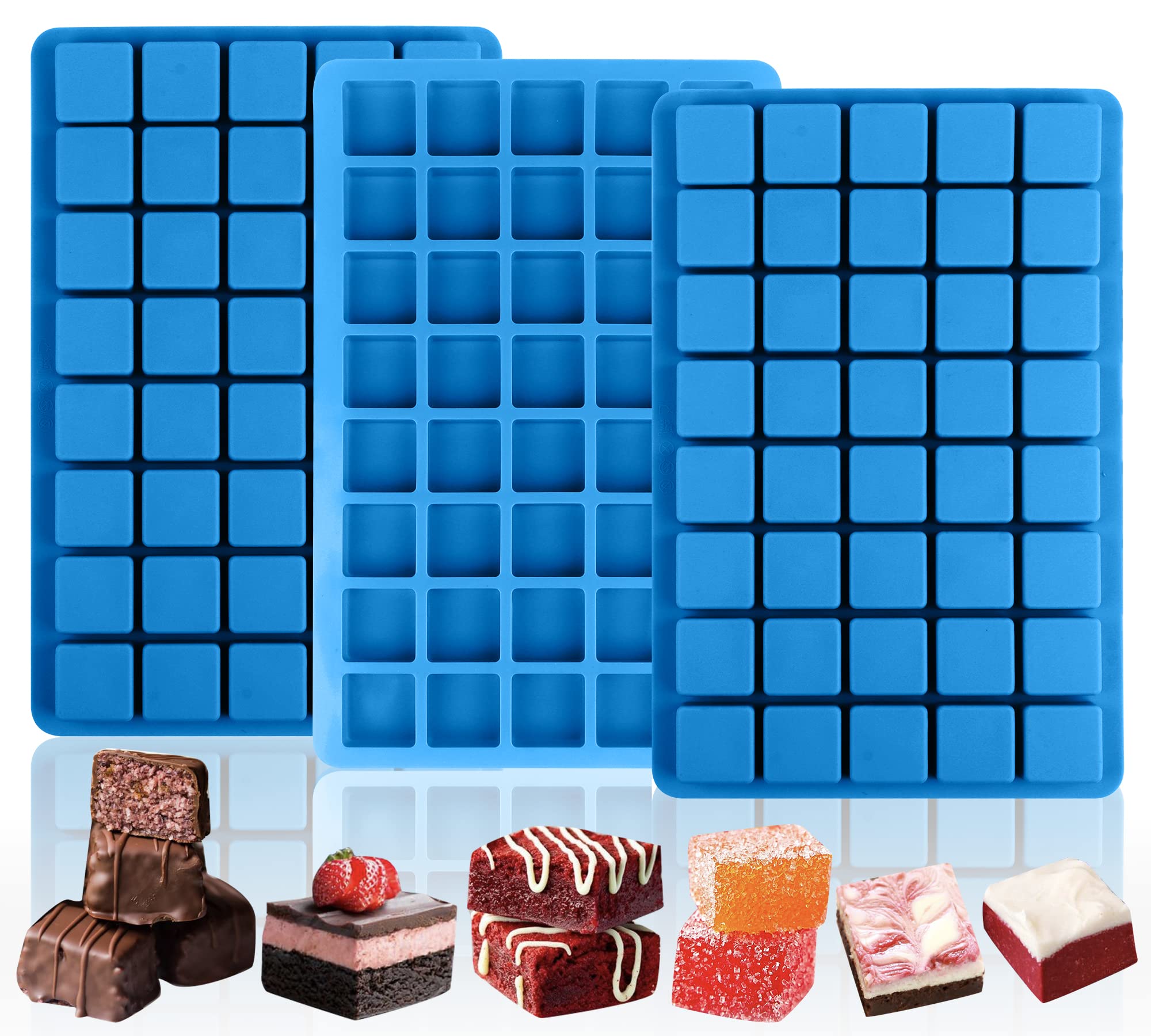 Sidosir 3Pcs Square Caramel Candy Mold Silicone, 40-Cavity Gummy Silicone Molds for Fat Bombs, Chocolate Truffles Mold for Hard Candy, Ice Cube (3, Blue, 1.18INCH)