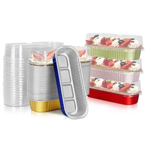heyyumi disposable mini loaf pans with lids, 50pcs 6.8oz aluminum foil narrow cake pans,rectangle cupcake baking cups ramekins tins liners containers flans for bread muffin brownie cheesecake(gold)
