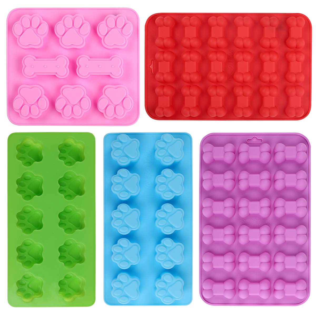 Elfkitwang Dog Paw and Bone Shaped Silicone Mold, Non-Stick food Grade, Ice tray, Reusable Silicone Mold, Used for Chocolate, Candy, Cupcake, Pudding, Jelly, Puppy Biscuit (5 pcs)