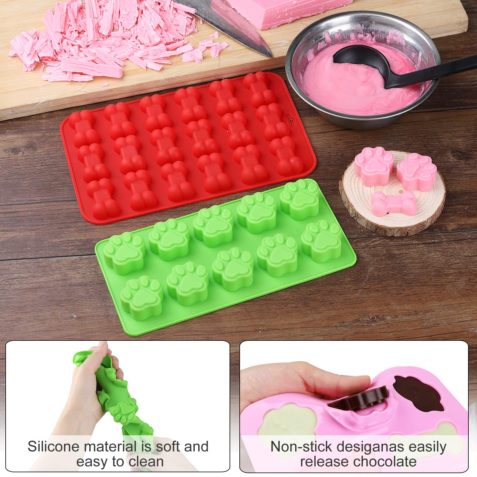 Elfkitwang Dog Paw and Bone Shaped Silicone Mold, Non-Stick food Grade, Ice tray, Reusable Silicone Mold, Used for Chocolate, Candy, Cupcake, Pudding, Jelly, Puppy Biscuit (5 pcs)