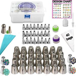 aleeza cake wonders russian piping tips set - 100 pcs cake decorating supplies with 40 icing bags, 28 russian nozzles, 24 frosting tips, leaf and ball pastry tips. cookie and cupcake decorating kit
