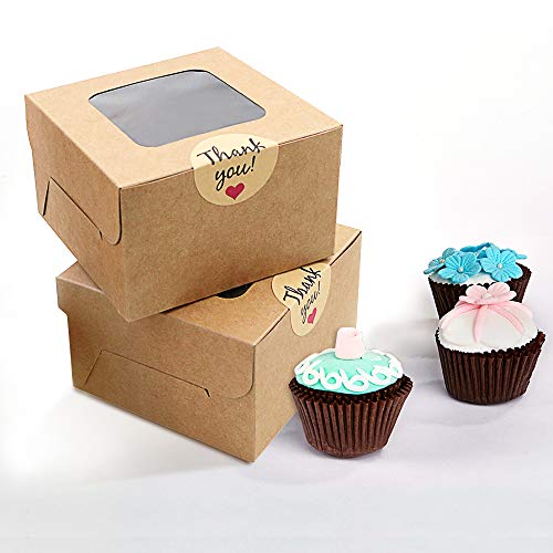 WYKOO 50 Pack 4 x 4 x 2.5 Inches Small Cookie Boxes with Window Brown Bakery Boxes Cake Boxes Kraft Pastry Boxes for Mini Cookies, Cupcakes, Dessert, Single Donut, Stickers Included