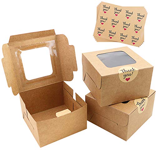 WYKOO 50 Pack 4 x 4 x 2.5 Inches Small Cookie Boxes with Window Brown Bakery Boxes Cake Boxes Kraft Pastry Boxes for Mini Cookies, Cupcakes, Dessert, Single Donut, Stickers Included