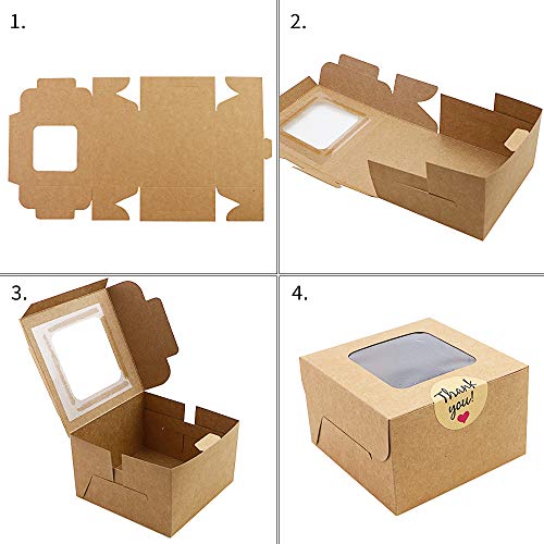 WYKOO 50 Pack 4 x 4 x 2.5 Inches Small Cookie Boxes with Window Brown Bakery Boxes Cake Boxes Kraft Pastry Boxes for Mini Cookies, Cupcakes, Dessert, Single Donut, Stickers Included