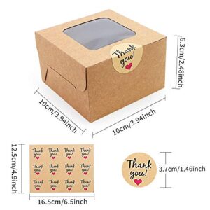 WYKOO 50 Pack 4 x 4 x 2.5 Inches Small Cookie Boxes with Window Brown Bakery Boxes Cake Boxes Kraft Pastry Boxes for Mini Cookies, Cupcakes, Dessert, Single Donut, Stickers Included