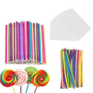 6 inch cake pop sticks set pack of 300, each of 100 pieces parcel bags, colorful treat sticks, colorful metallic wire for lollipops candies chocolates and cookies