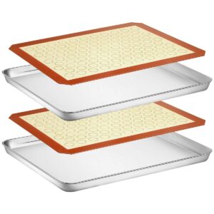 wildone baking sheet with silicone mat set, stainless steel cookie pan with baking mat, size 16 x 12 x 1 inch, set of 4-2 sheets + 2 mats