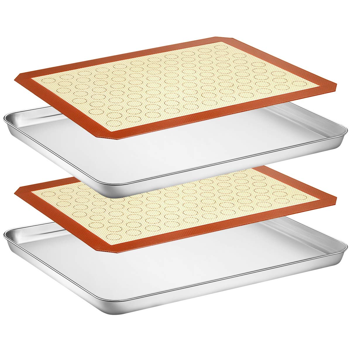 Wildone Baking Sheet with Silicone Mat Set, Stainless Steel Cookie Pan with Baking Mat, Size 16 x 12 x 1 Inch, Set of 4-2 Sheets + 2 Mats