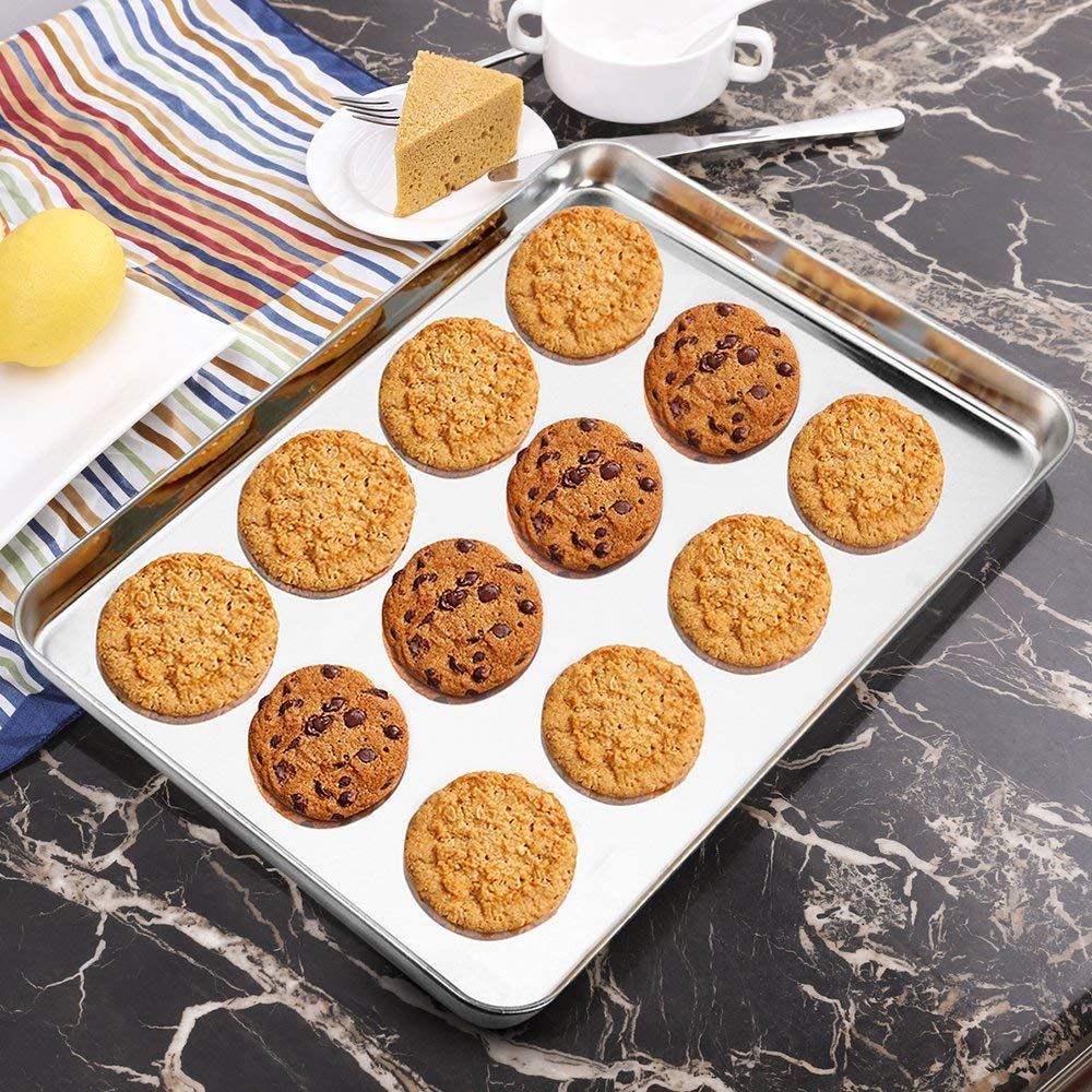 Wildone Baking Sheet with Silicone Mat Set, Stainless Steel Cookie Pan with Baking Mat, Size 16 x 12 x 1 Inch, Set of 4-2 Sheets + 2 Mats