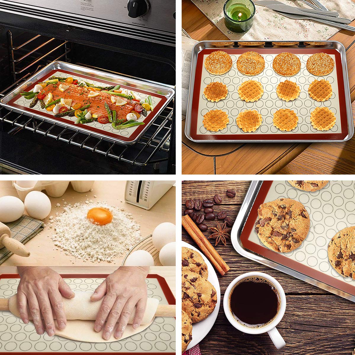 Wildone Baking Sheet with Silicone Mat Set, Stainless Steel Cookie Pan with Baking Mat, Size 16 x 12 x 1 Inch, Set of 4-2 Sheets + 2 Mats