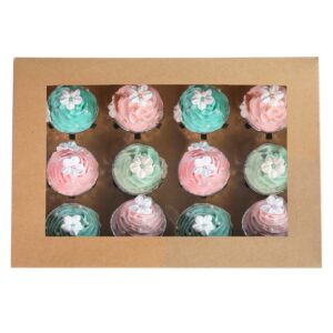 one more [20-packs] brown cupcake boxes 12 holders, cake carrier food grade kraft pop-up bakery boxes 13.8 x 9.5 x 4inch with inserts and pvc windows fits 12 cavity cupcake or muffins pack of 20