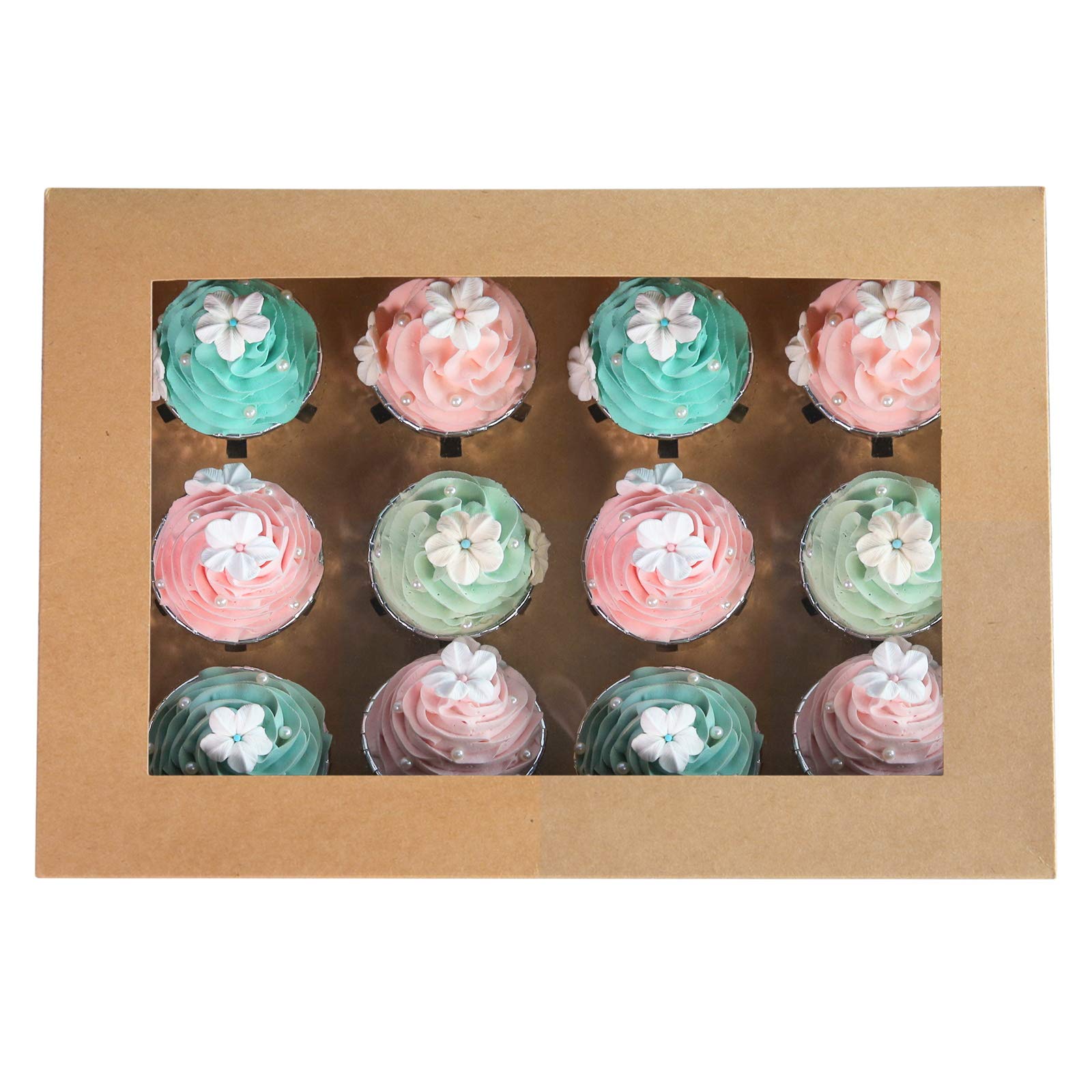 ONE MORE [20-Packs] Brown Cupcake Boxes 12 Holders, Cake Carrier Food Grade Kraft Pop-up Bakery Boxes 13.8 x 9.5 x 4inch with Inserts and PVC Windows Fits 12 Cavity Cupcake or Muffins Pack of 20