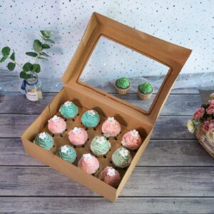 ONE MORE [20-Packs] Brown Cupcake Boxes 12 Holders, Cake Carrier Food Grade Kraft Pop-up Bakery Boxes 13.8 x 9.5 x 4inch with Inserts and PVC Windows Fits 12 Cavity Cupcake or Muffins Pack of 20