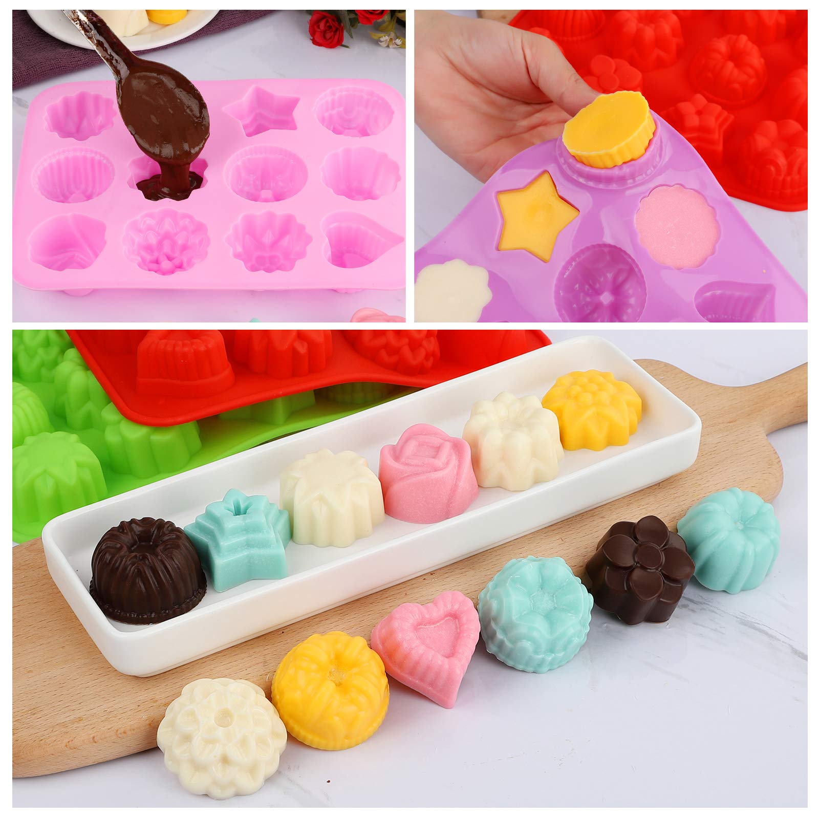 Silicone Flowers Molds, Baking Pan with Flowers and Heart Shape Non-Stick Silicone Molds for Chocolate, Candy, Jelly, Ice Cube, Muffin (5pack)