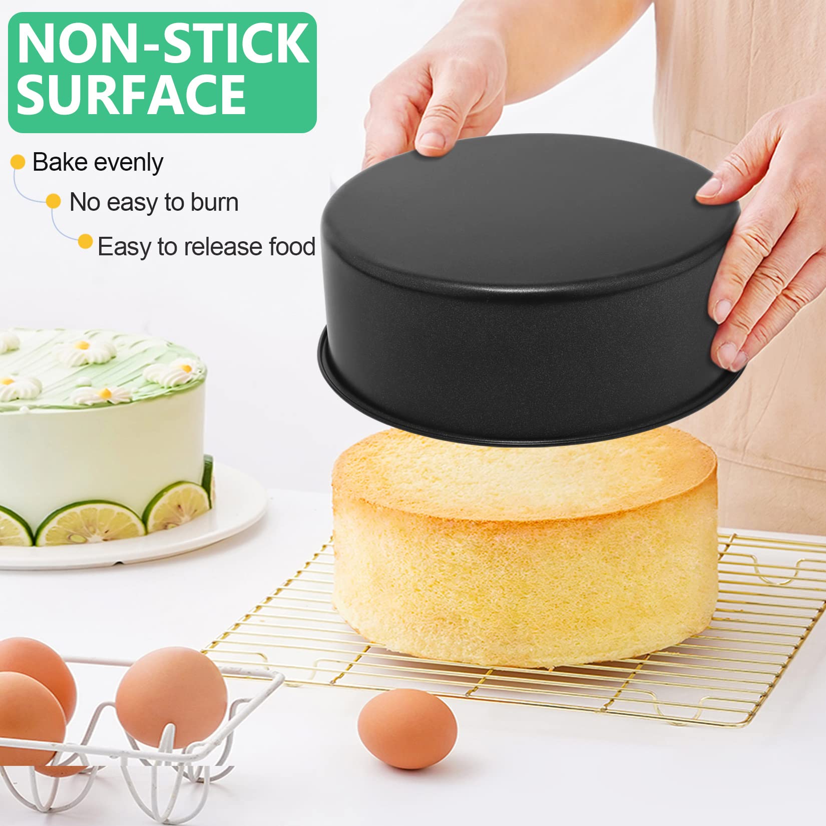 P&P CHEF Non-stick 6 Inch Cake Pan Set of 3, Round Cake Pans Tins for Small Layered Cake, 3 Inch Depth & One-piece Design, Stainless Steel Core & Healthy Coatings, Black