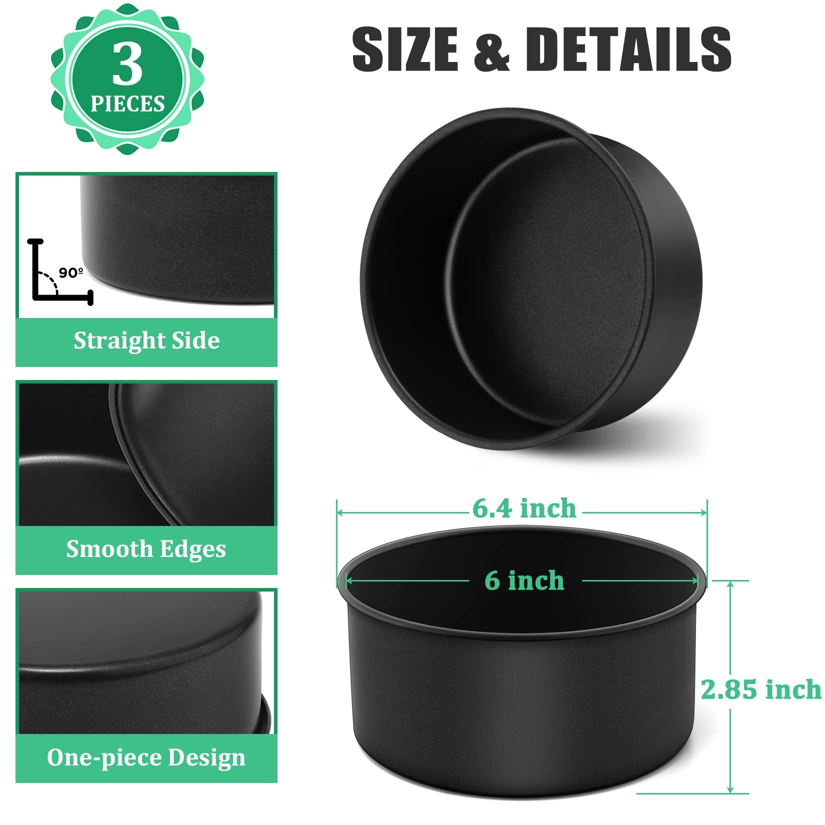 P&P CHEF Non-stick 6 Inch Cake Pan Set of 3, Round Cake Pans Tins for Small Layered Cake, 3 Inch Depth & One-piece Design, Stainless Steel Core & Healthy Coatings, Black