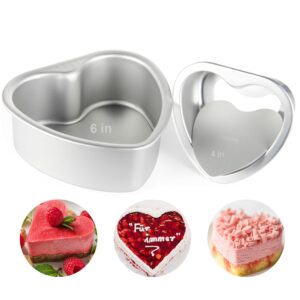taounoa heart shaped cake pans for valentine's day and home baking, 4 inch and 6 inch set of 2, aluminum cake pans with a removable bottom