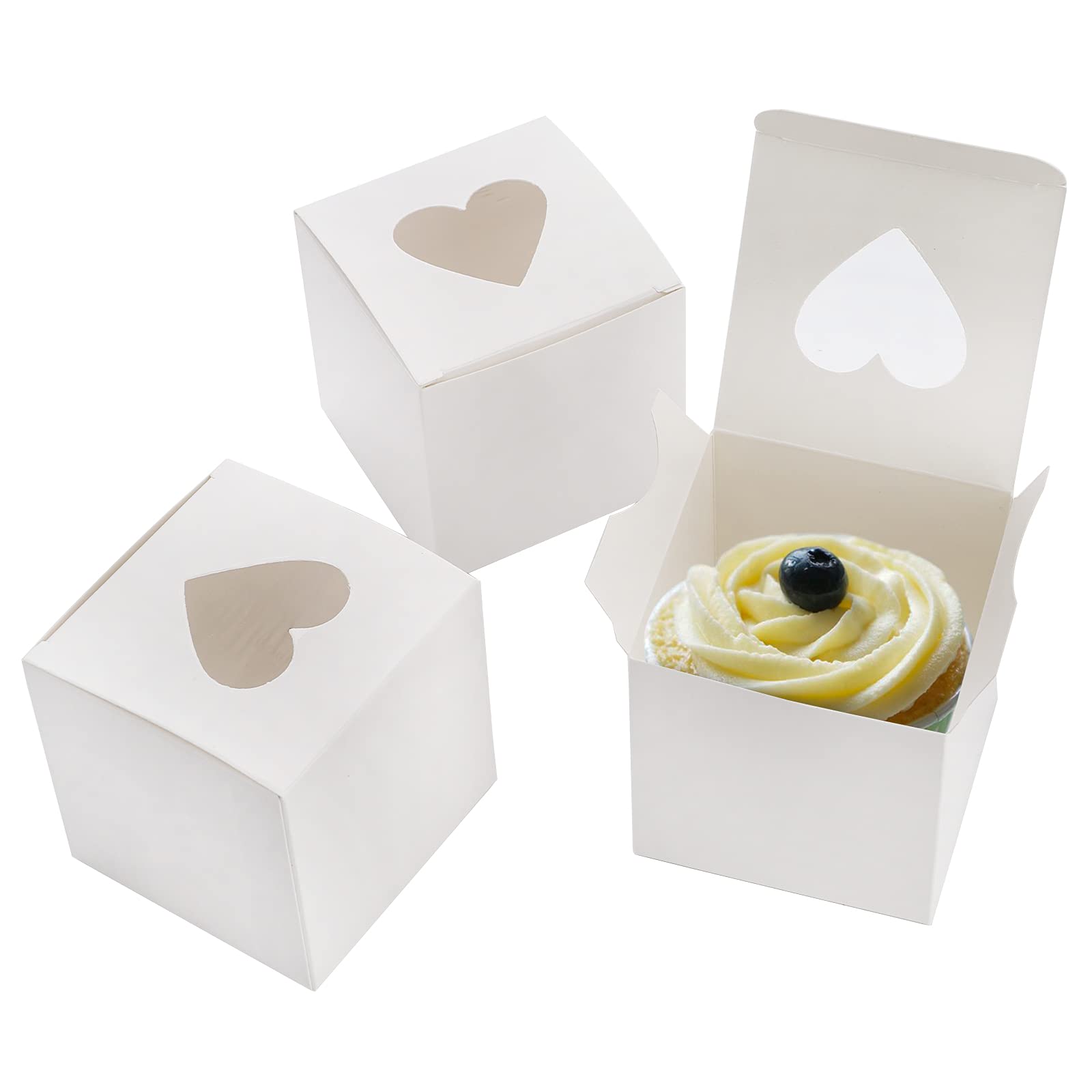 Suwimut 100 Pack Individual Cupcake Box with Heart Shaped Window, 3 Inch Small White Single Cupcake Box Carrier Container for Cookie Muffin Cocoa Bombs, Togo Boxes for Birthday Wedding Party Favors