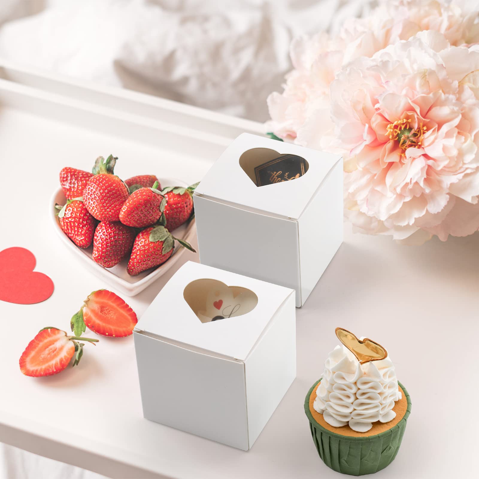 Suwimut 100 Pack Individual Cupcake Box with Heart Shaped Window, 3 Inch Small White Single Cupcake Box Carrier Container for Cookie Muffin Cocoa Bombs, Togo Boxes for Birthday Wedding Party Favors