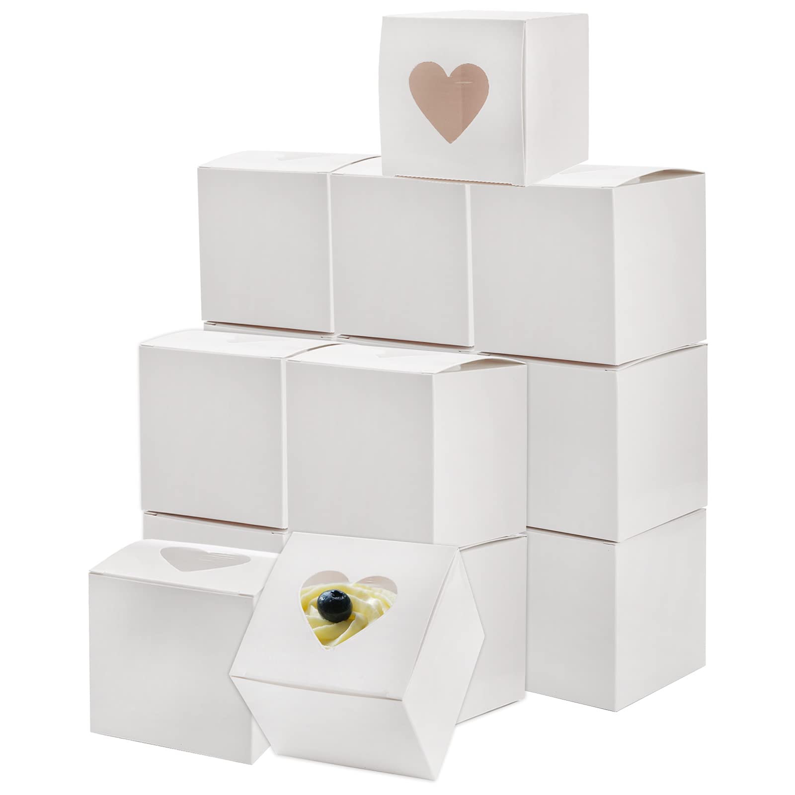 Suwimut 100 Pack Individual Cupcake Box with Heart Shaped Window, 3 Inch Small White Single Cupcake Box Carrier Container for Cookie Muffin Cocoa Bombs, Togo Boxes for Birthday Wedding Party Favors