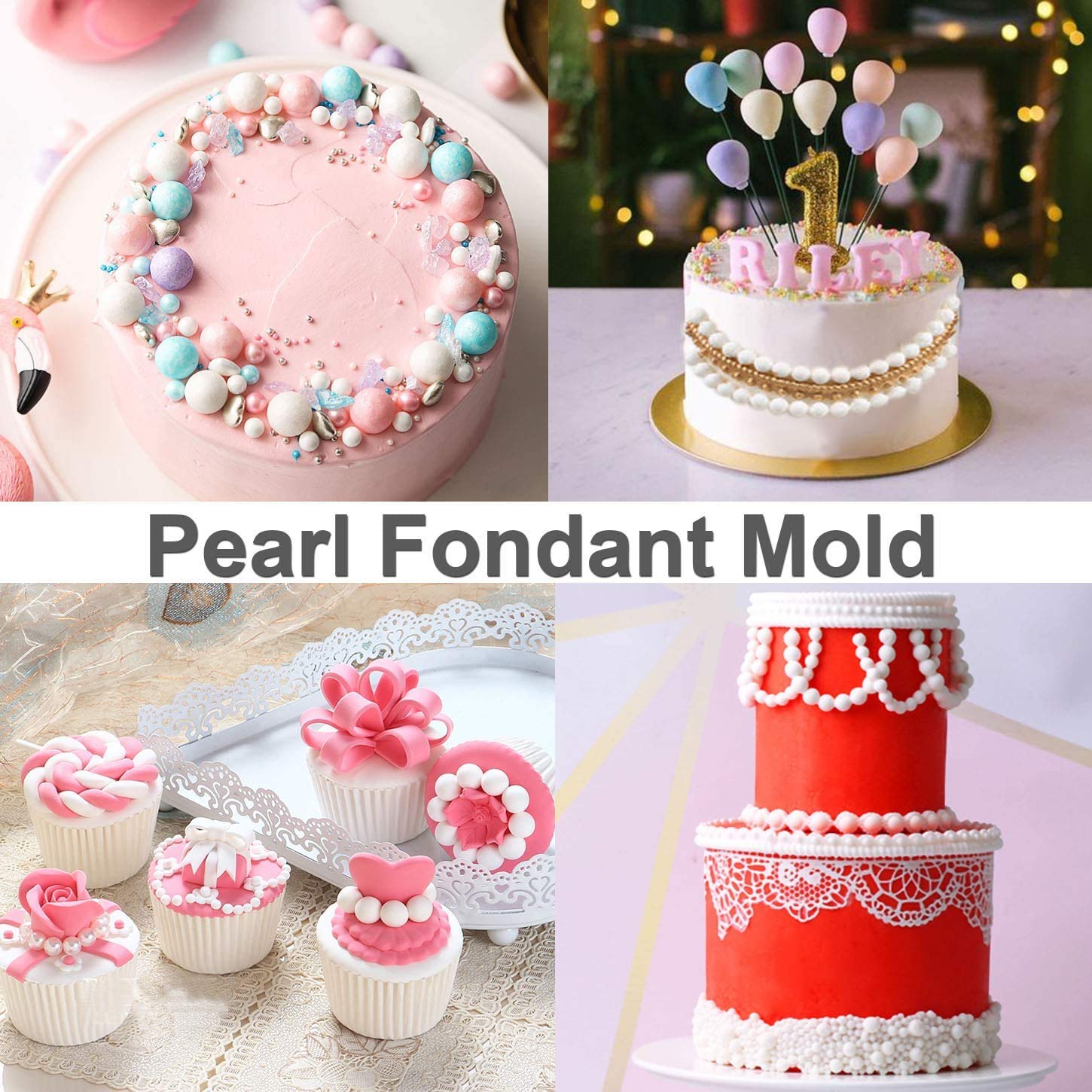 Pearl Fondant Molds Gum Paste Molds 4 Size Round Pearl Chain Silicone Mold for Cupcake Toppers Fondant Candy Chocolate Cake Decoration