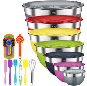 zacfton 20 pieces mixing bowls set with lids, metal nesting storage salad bowls, stainless steel bowls - size 5, 3.5, 2.5, 2, 1.5, 1, 0.67qt - great for mixing, preparing & serving(colorful)
