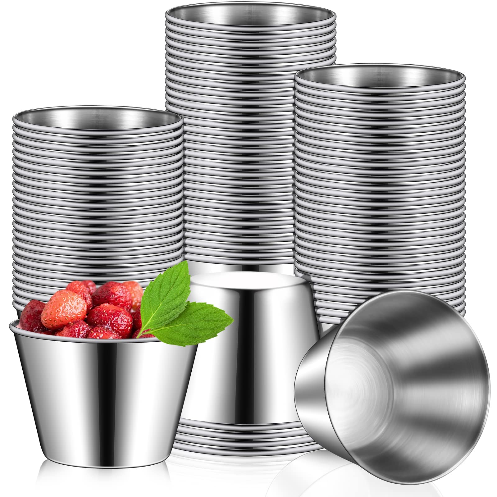 100 Pcs 2.5oz Stainless Steel Sauce Cups Dipping Cups Mental Condiment Cups Sauce Container Round Dipping Bowls Condiment Ramekins for Dish Butter Kitchen Restaurant Serving Party Dinner Cooking