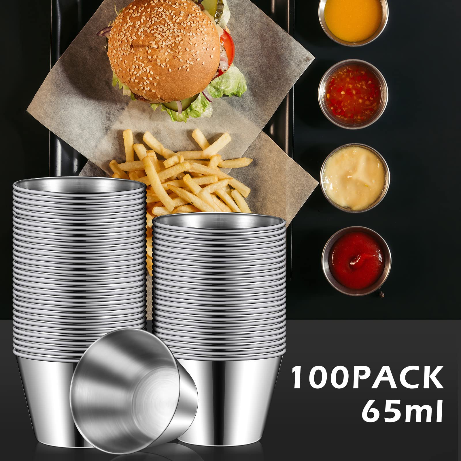 100 Pcs 2.5oz Stainless Steel Sauce Cups Dipping Cups Mental Condiment Cups Sauce Container Round Dipping Bowls Condiment Ramekins for Dish Butter Kitchen Restaurant Serving Party Dinner Cooking