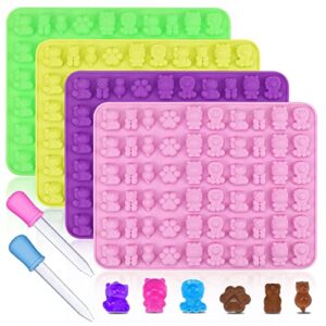 4 pack gummy bear candy molds silicone 60 cavity chocolate gummy molds with 2 droppers bear lion dog cat hippopotamus dog claw minni 6 animals shape silicone molds for baking ice cube