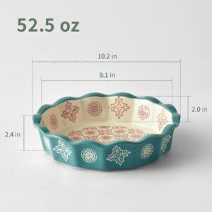 ZONESUM Ceramic Pie Pan, 10.2 Inch Deep Dish Pie Plate 52 Ounce Pie Dish for Baking, Fruit Tarts, Quiche, Oven Safe Heat Resistant, Dishwasher Safe, Turquoise