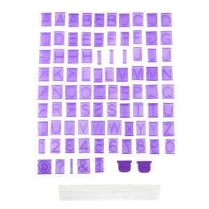 wilton cake letter and number press set, use on fondant or buttercream frosting, ideal for decorating personalized birthday cakes, includes 1 holder, 2 locks, and 85 assorted tiles, purple
