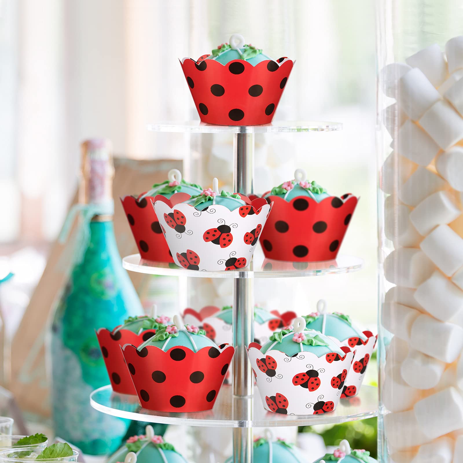 48 Pieces Ladybug Pattern Cupcake Wrappers Ladybug Cake Wrappers Reversible Dot Cake Wrappers Scalloped Cake Holder Wraps Small Cake Wrappers for Kids Birthday Party Baby Shower Baking Accessories