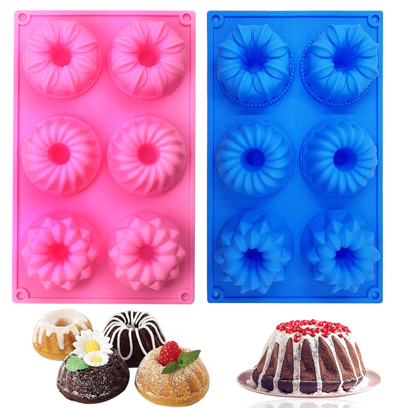 SAGOOITS 2 Packs Silicone Mini Fluted Cake Pans, Doughnut Maker Silicone Baking Tray Cupcake Muffin Molds, Mini Tube Cake Baking Pan (Pink, Blue)