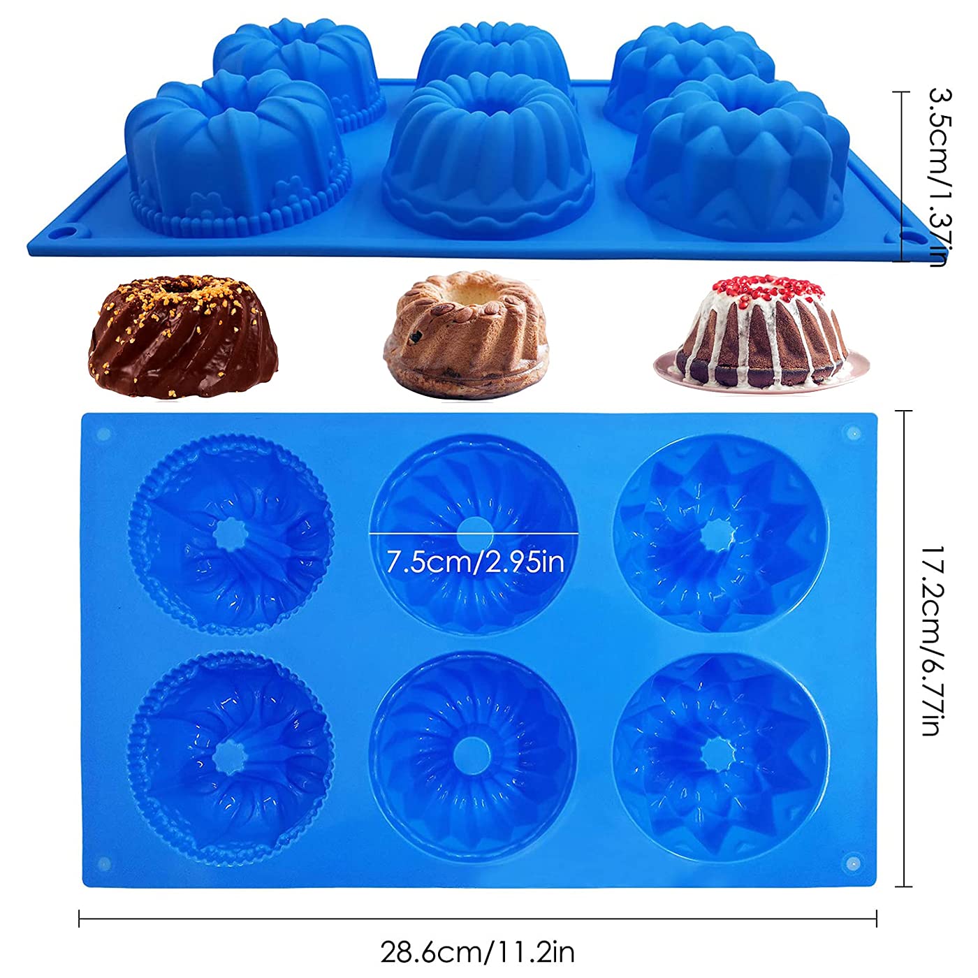 SAGOOITS 2 Packs Silicone Mini Fluted Cake Pans, Doughnut Maker Silicone Baking Tray Cupcake Muffin Molds, Mini Tube Cake Baking Pan (Pink, Blue)