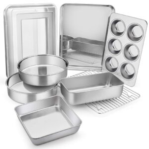 e-far stainless steel bakeware set, metal baking pan set of 9, include round/square cake pans, rectangle baking pan with lid, loaf pan, muffin pan, cookie sheet with rack, dishwasher safe
