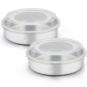 teamfar 8 inch cake pan, stainless steel tiers round baking cake pans with lids, healthy & heavy duty, dishwasher safe & easy clean, mirror polish & smooth edge, set of 4 (2 pans + 2 lids)
