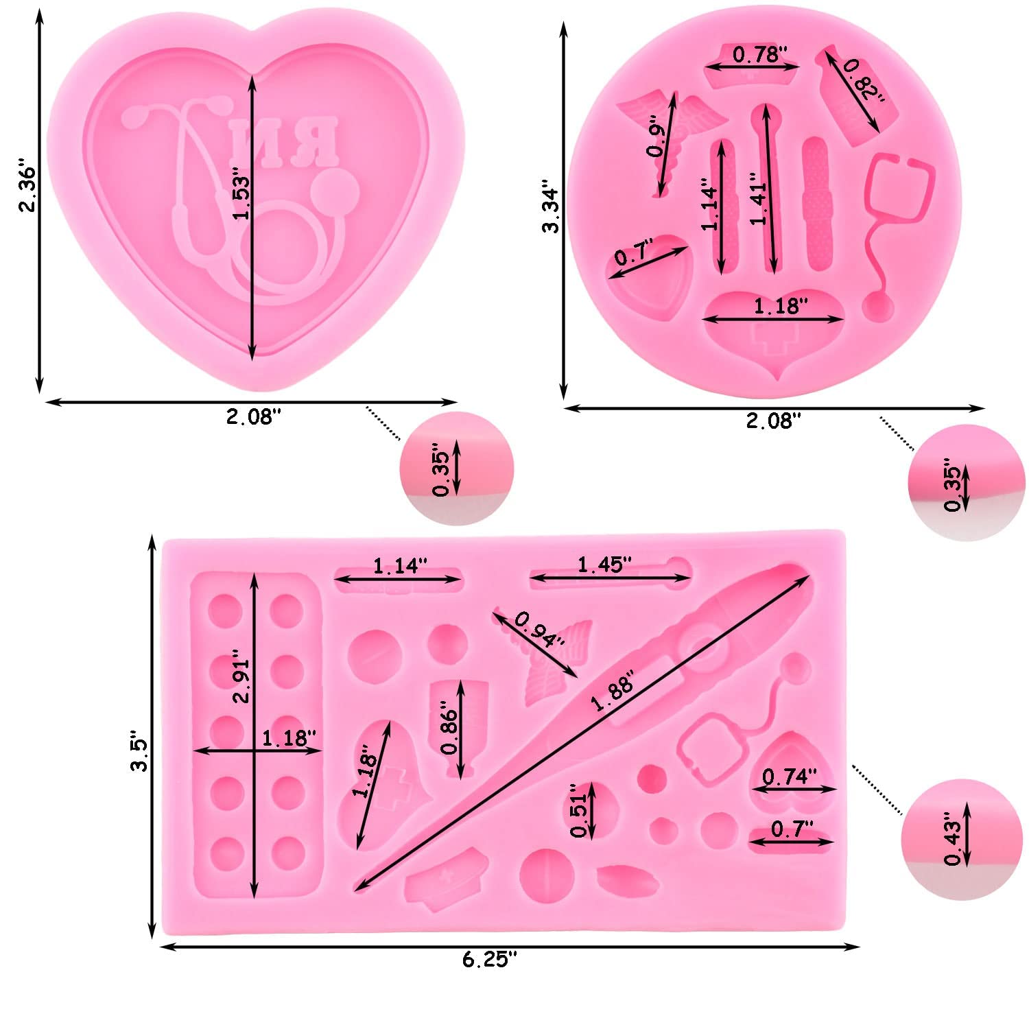 ZiXiang Medical Apparatus Tablet Silicone Molds Stethoscope Nurse Hat Fondant Molds For Cupcake Cake Topper Decoration Chocolate Candy Polymer Clay Gum Paste Set Of 3