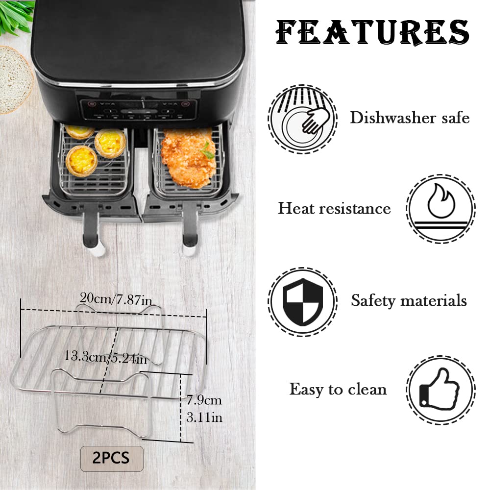2pcs Air Fryer Rack Set with 100pcs Parchment Paper Compatible with Ninja Foodi Air Fryer DZ201, DZ401, 304 Stainless Steel Toast Dehydrator Racks Air Fryer Paper Liners for Double Basket Air Fryer