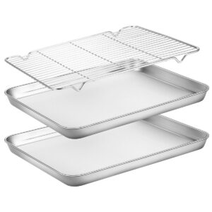 baking sheets 2 pieces with a rack, hkj chef cookie sheets and nonstick cooling rack & stainless steel baking pans & toaster oven tray pan, rectangle size 12.5 x 10 x 1 inch & non toxic