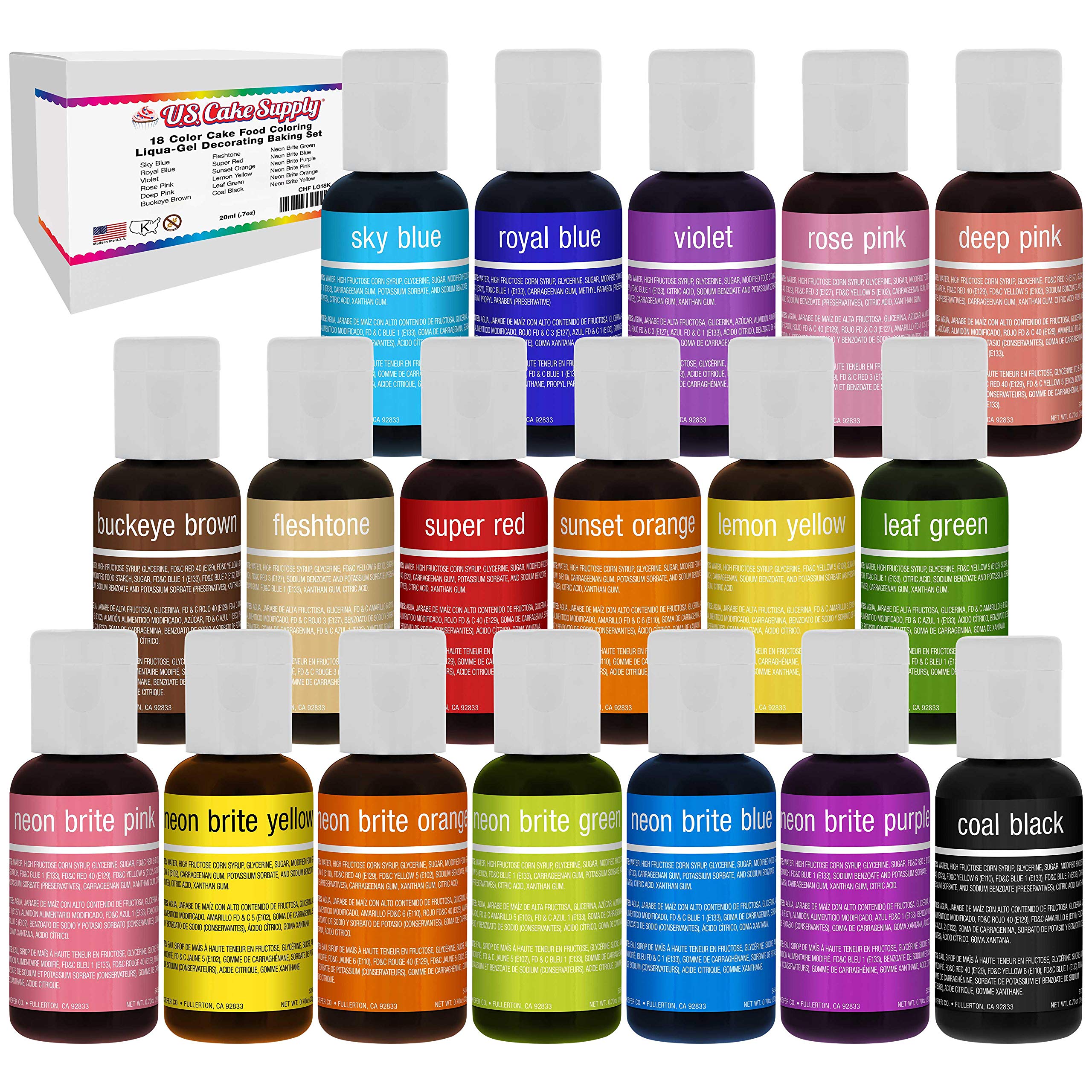 18 Color Cake Food Coloring Liqua-Gel Decorating Baking Set - 12-Primary & 6-Neon Colors – U.S. Cake Supply 0.75 fl. oz. (20ml) Bottles - Made in the U.S.A.