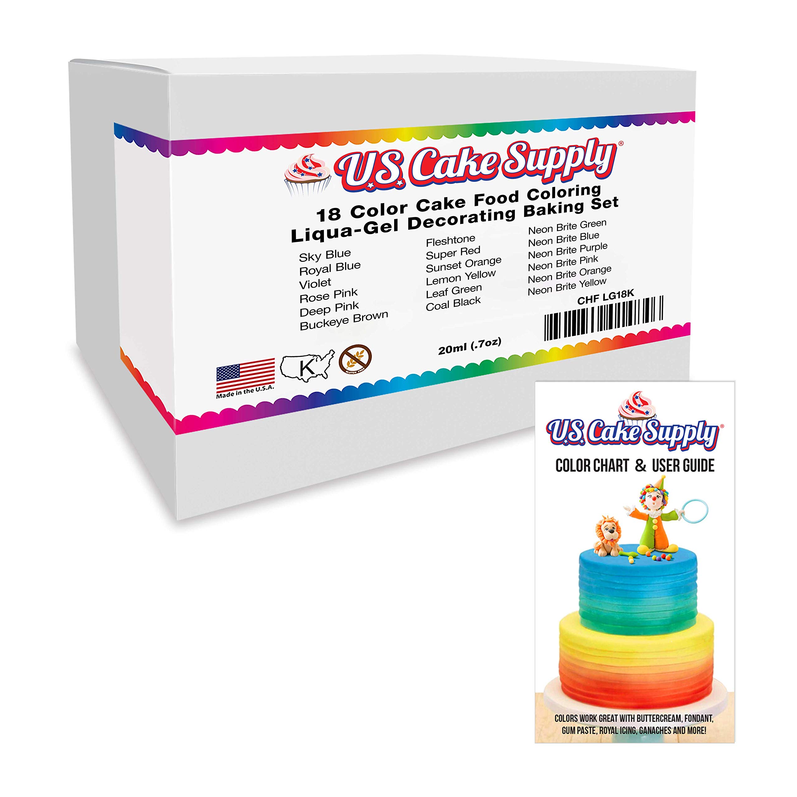 18 Color Cake Food Coloring Liqua-Gel Decorating Baking Set - 12-Primary & 6-Neon Colors – U.S. Cake Supply 0.75 fl. oz. (20ml) Bottles - Made in the U.S.A.