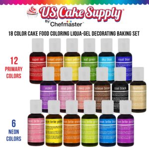 18 Color Cake Food Coloring Liqua-Gel Decorating Baking Set - 12-Primary & 6-Neon Colors – U.S. Cake Supply 0.75 fl. oz. (20ml) Bottles - Made in the U.S.A.