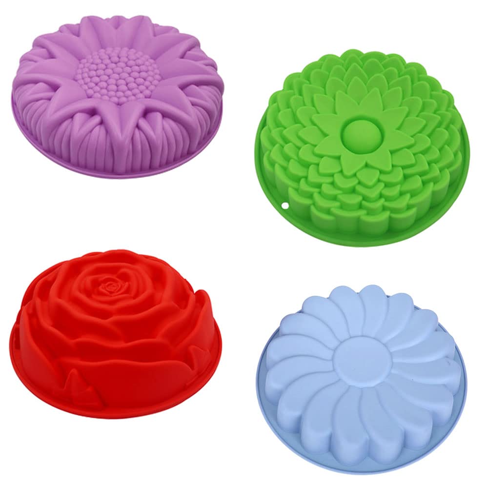 4 Pack Flower Shape Silicone Cake Mold, Non-Stick Large Flower Baking Trays Sunflower Chrysanthemum Rose Whirlwind Pattern Bread Pie Flan Tart Mold Silicone Baking Molds Pan for Holiday Birthday Party