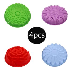 4 Pack Flower Shape Silicone Cake Mold, Non-Stick Large Flower Baking Trays Sunflower Chrysanthemum Rose Whirlwind Pattern Bread Pie Flan Tart Mold Silicone Baking Molds Pan for Holiday Birthday Party