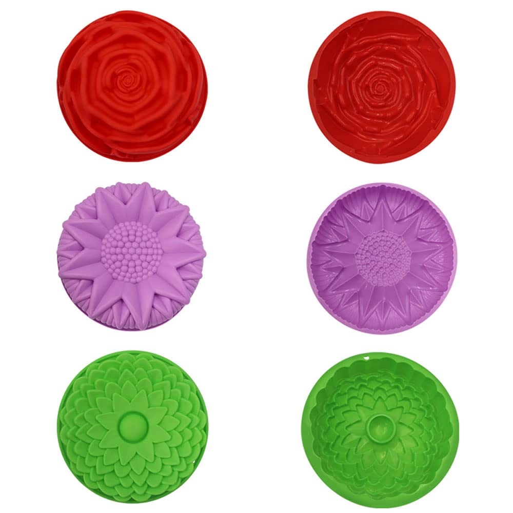 4 Pack Flower Shape Silicone Cake Mold, Non-Stick Large Flower Baking Trays Sunflower Chrysanthemum Rose Whirlwind Pattern Bread Pie Flan Tart Mold Silicone Baking Molds Pan for Holiday Birthday Party