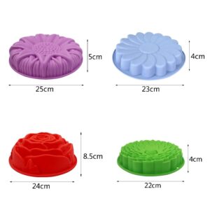 4 Pack Flower Shape Silicone Cake Mold, Non-Stick Large Flower Baking Trays Sunflower Chrysanthemum Rose Whirlwind Pattern Bread Pie Flan Tart Mold Silicone Baking Molds Pan for Holiday Birthday Party