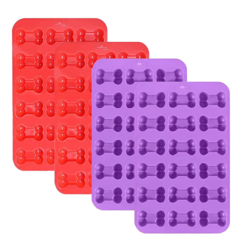 PIVHWIR Bone Silicone Molds, Food Grade Non-Stick Silicone Molds for Chocolate, Candy, Dog Treats, Jelly, Ice Cube ( 4 PCS, Red+Purple )